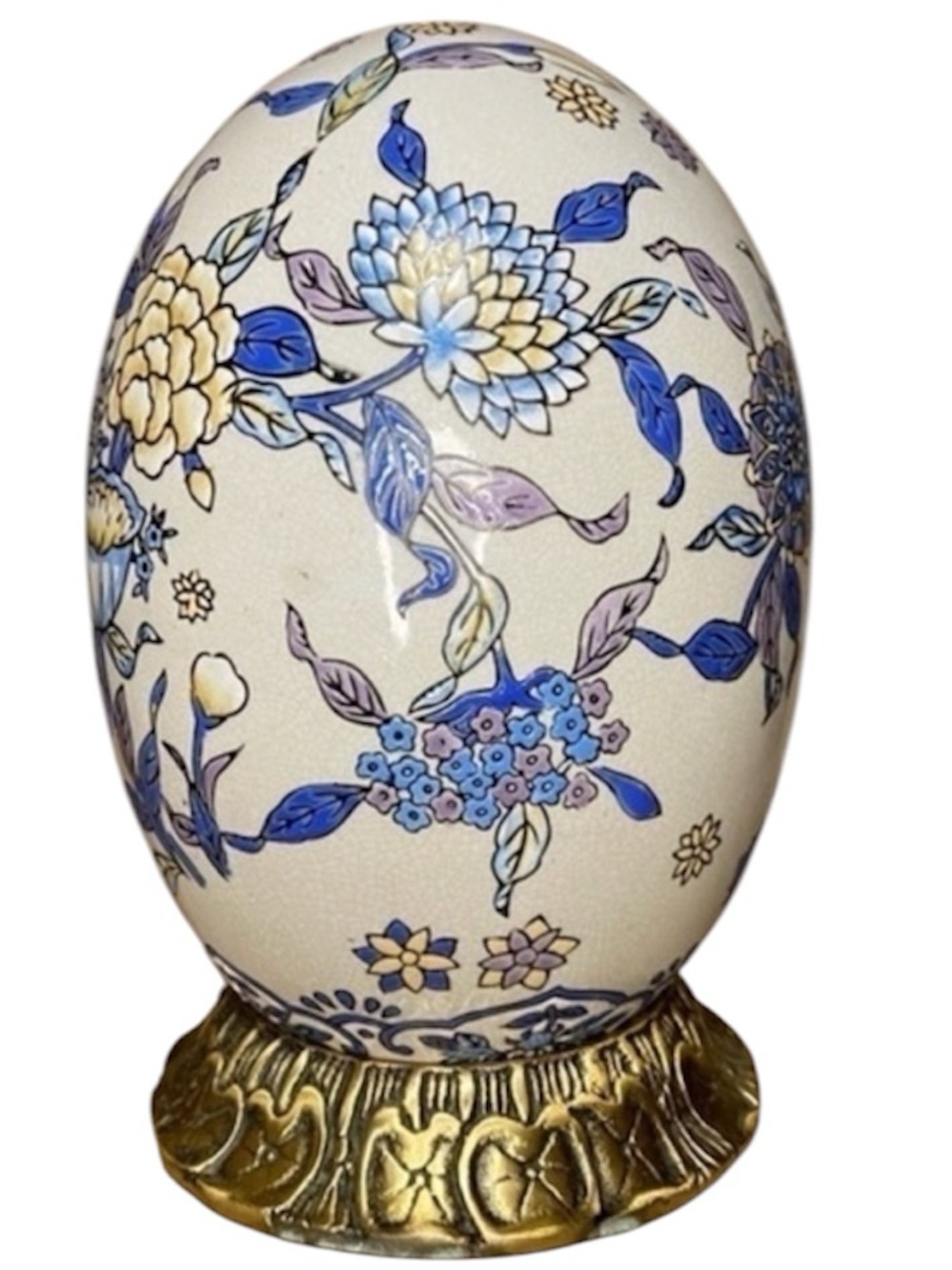 Vintage Chinese Floral Porcelain Hand Painted Egg Bronze Stand 10" Chinoiserie - Picture 4 of 8